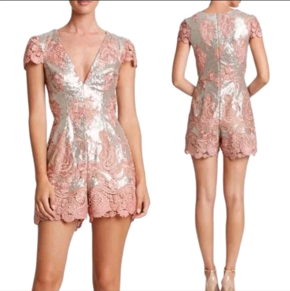 Dress The Population Sabrina Sequin Lace Romper Dusty Rose Silver - Picture 2 of 11